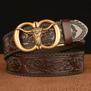 Men's Cowhide Vintage Carved Bull Head Belt