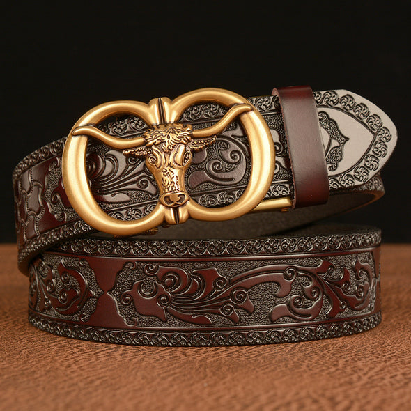 Men's Cowhide Vintage Carved Bull Head Belt