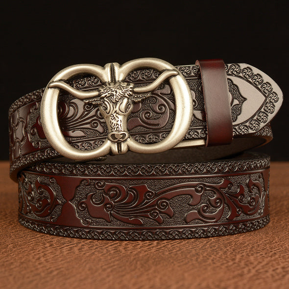 Men's Cowhide Vintage Carved Bull Head Belt