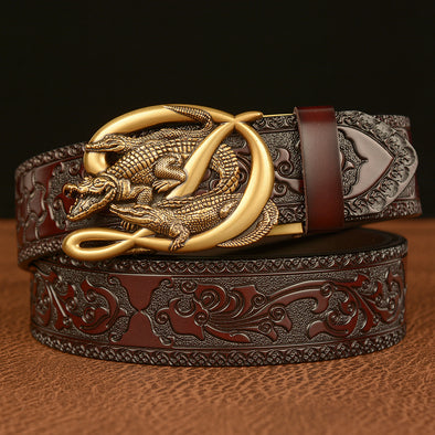 Men's Cowhide Vintage Carved Crocodile Belt