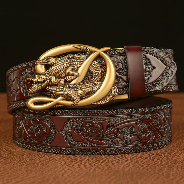 Men's Cowhide Vintage Carved Crocodile Belt