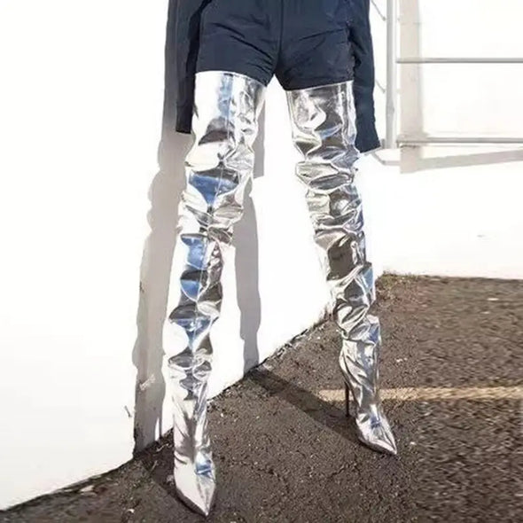 Women's Silver Metal Over-the-Knee Fashion Boots