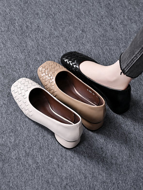 Women's thick heel woven leather shoes