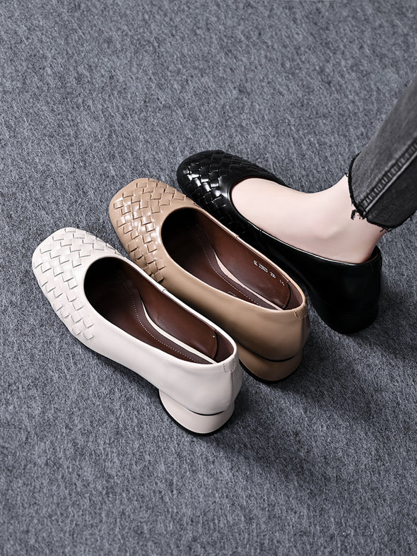 Women's thick heel woven leather shoes