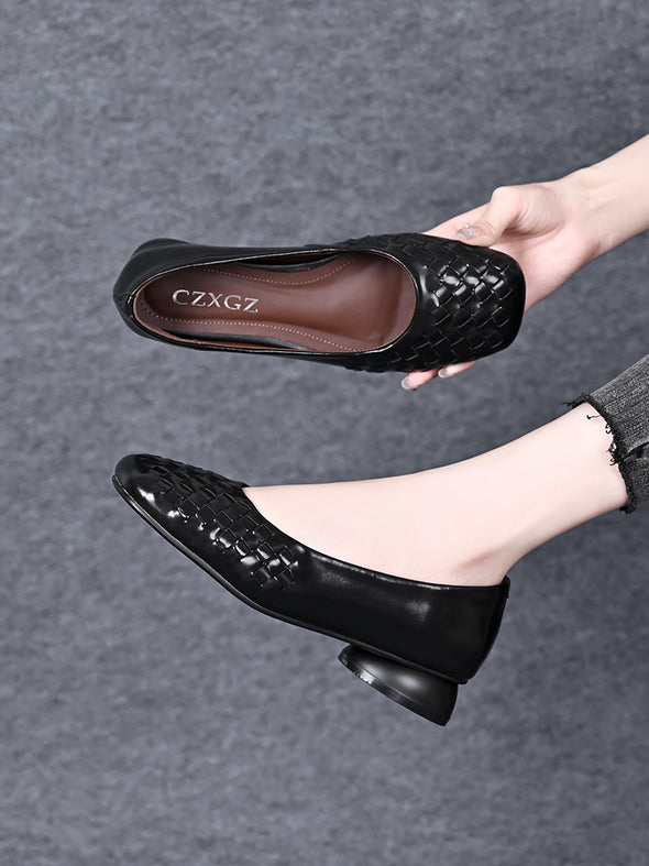 Women's thick heel woven leather shoes