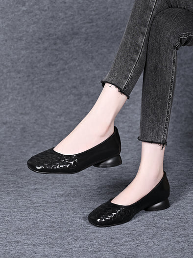 Women's thick heel woven leather shoes