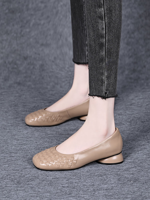 Women's thick heel woven leather shoes