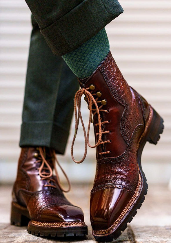Handmade Brown Leather Cap Toe Boots