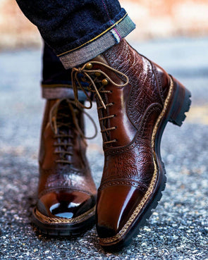 Handmade Brown Leather Cap Toe Boots