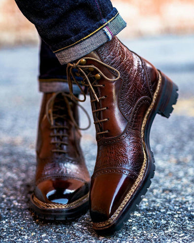Handmade Brown Leather Cap Toe Boots