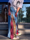 Denim Patchwork Printed Zip Up Pants
