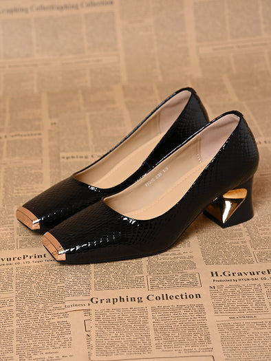 Women's leather metal square toe thick heels