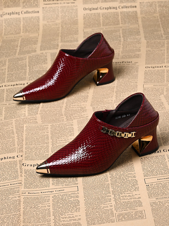 Women's genuine leather pointed toe thick heels