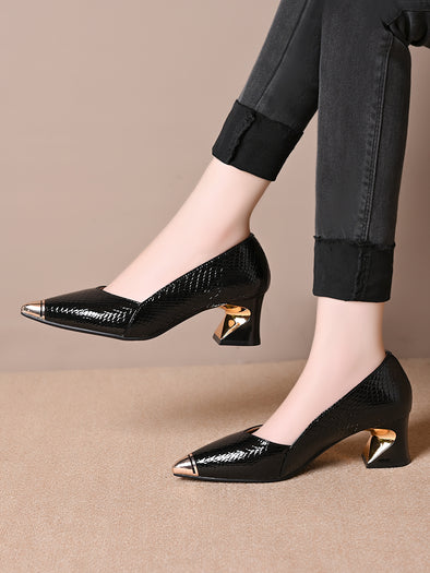 2025 women's genuine leather thick heel shoes