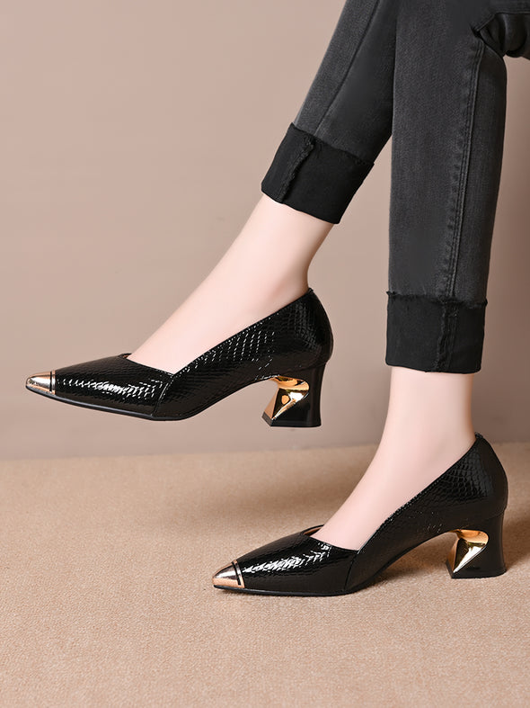 2025 women's genuine leather thick heel shoes