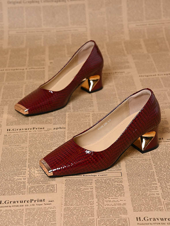 Women's leather metal square toe thick heels