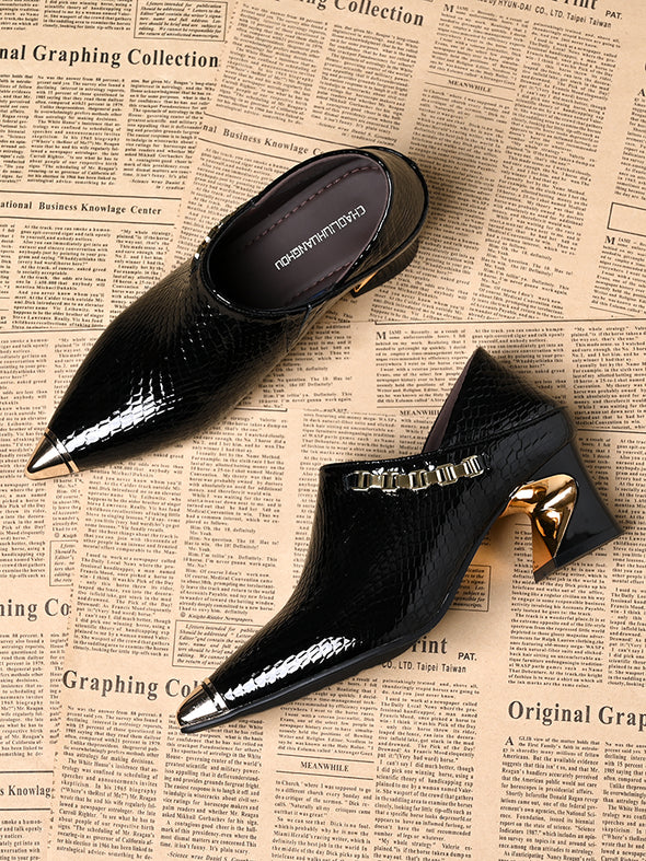 Women's genuine leather pointed toe thick heels
