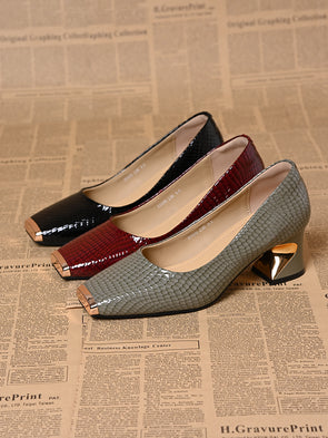 Women's leather metal square toe thick heels