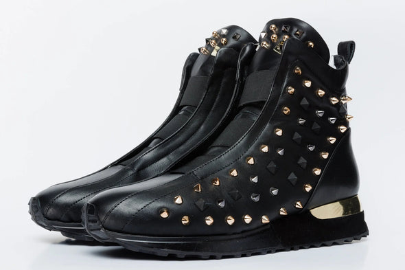 High-Top Black Spike Leather Women Sneaker