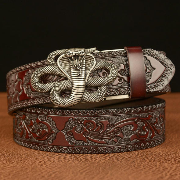 Men's Cowhide Vintage Carved Cobra Belt