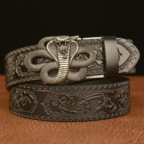 Men's Cowhide Vintage Carved Cobra Belt