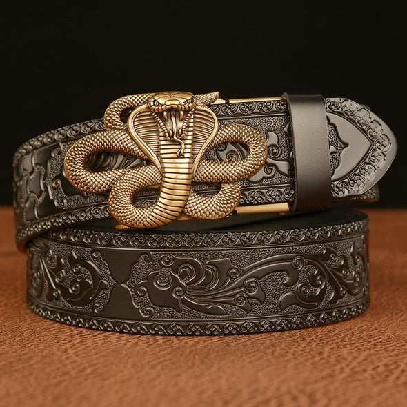 Men's Cowhide Vintage Carved Cobra Belt